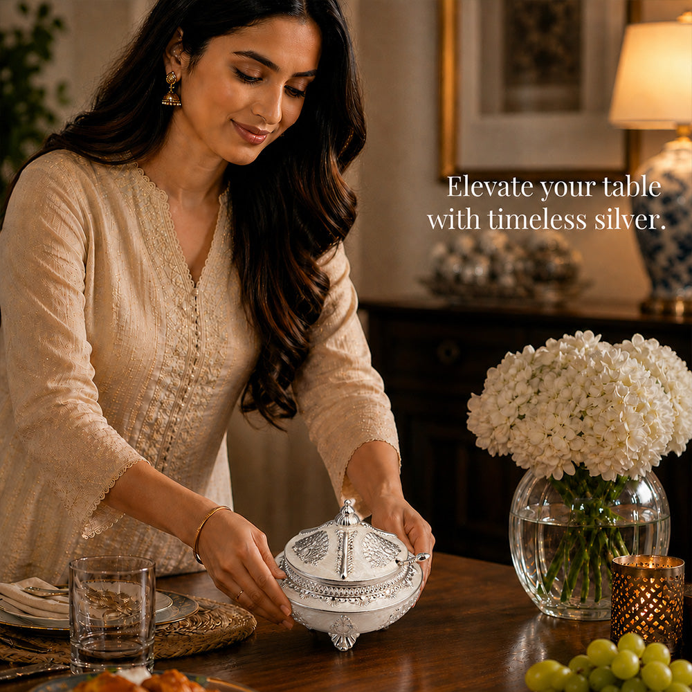 Diviniti Premium Silver-Plated Decorative Sugar Pot | White Enamel Lidded Bowl for Festive Serving & Home Décor