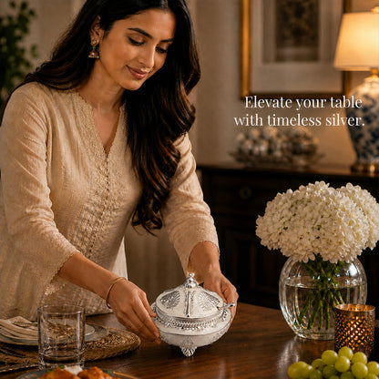 Diviniti Premium Silver-Plated Decorative Sugar Pot | White Enamel Lidded Bowl for Festive Serving & Home Décor
