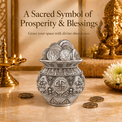 999 Silver-Plated Antique Lakshmi Coin Kalash | Premium Gift Box | 11x9 CM