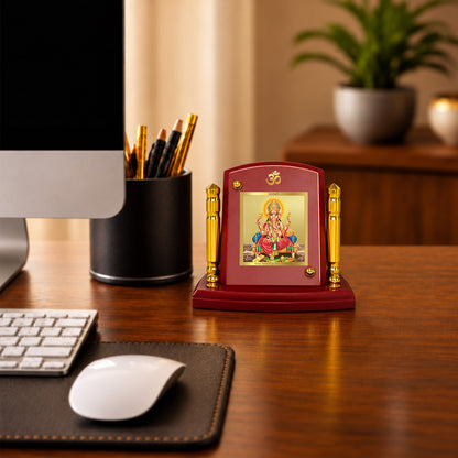 24K Gold-Plated Lord Ganesha MDF Car Dashboard Frame | 7.5x9 CM