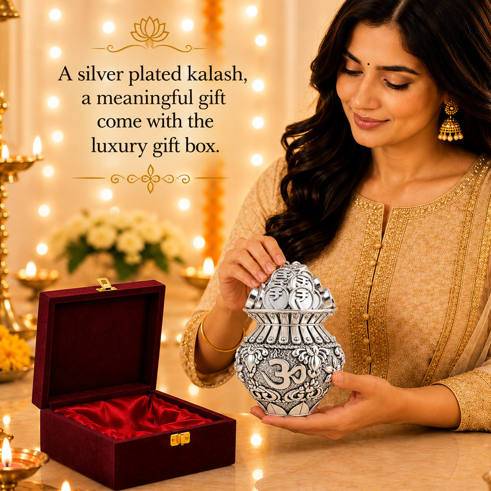999 Silver-Plated Om Coin Kalash | Premium Gift Box | 9x5 CM