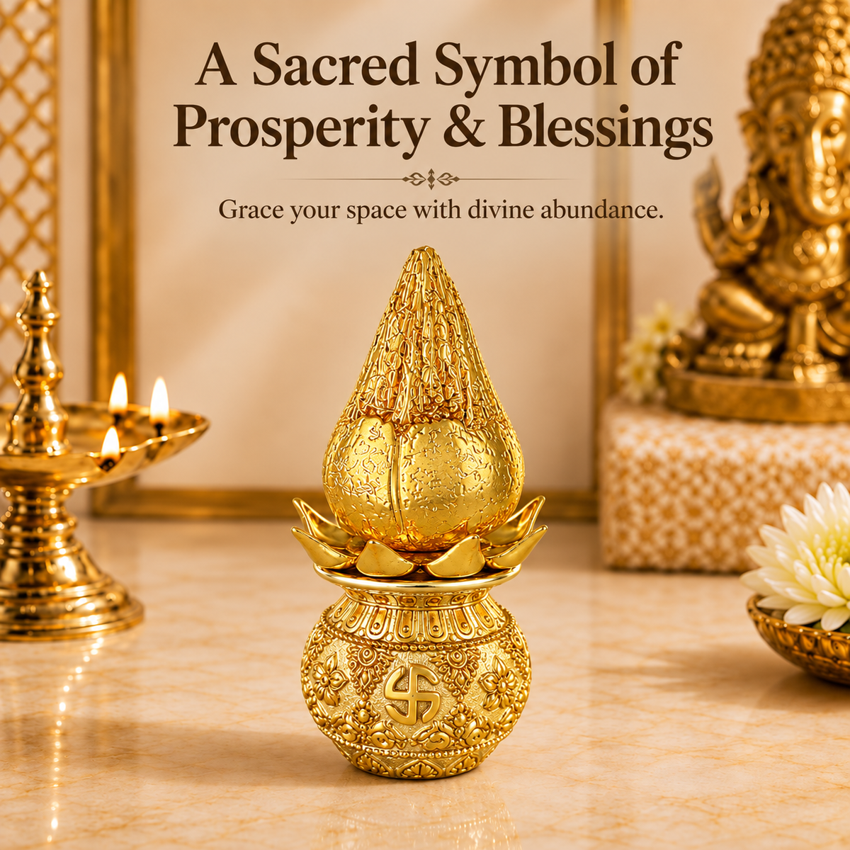24K Gold-Plated Lakshmi Kalash with Coconut | Premium Gift Box | 16x8 CM