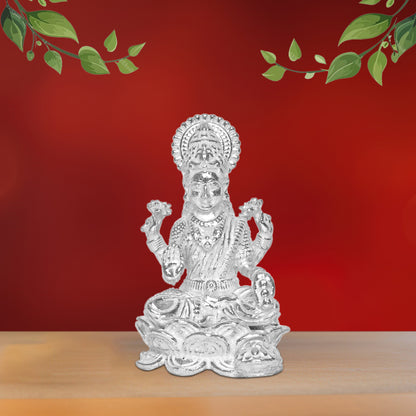 Diviniti 925 Pure Silver Laxmi Ji Idol Statue Divine Elegance Wealth and Prosperity for Home Office Décor, Tabletop, Puja Room Gift (7.5x11.8 CM, 118g)