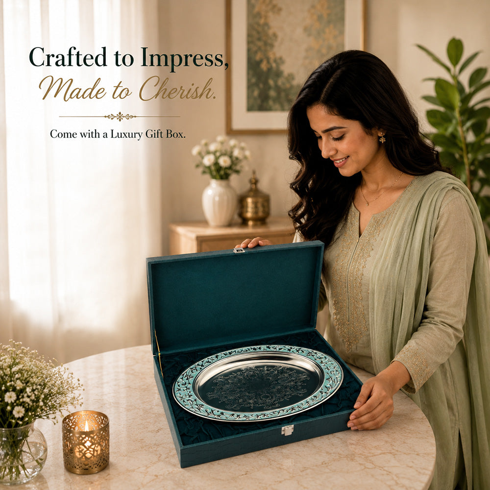 Diviniti Silver-Plated Oval Decorative Tray with Turquoise Enamel Accents | Luxury Serving Platter for Dry Fruits, Sweets & Premium Gifting