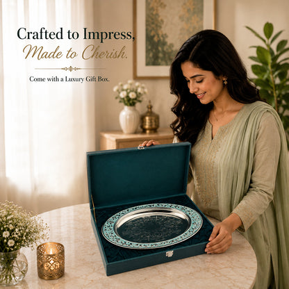 Diviniti Silver-Plated Oval Decorative Tray with Turquoise Enamel Accents | Luxury Serving Platter for Dry Fruits, Sweets & Premium Gifting