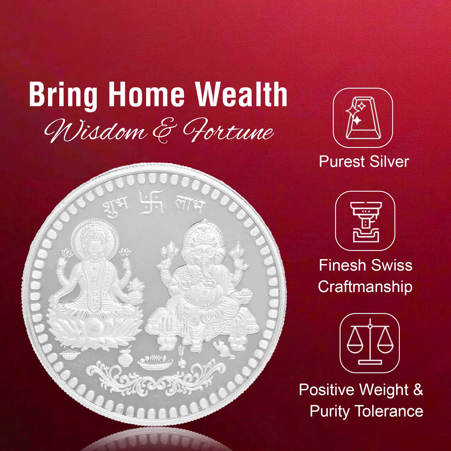 DIVINITI Pure Silver Coin Featuring Laxmi Ganesh & Om A Sacred Symbol of Prosperity and Spirituality for Home & Office Décor, Puja Room Diwali Gift (100g)