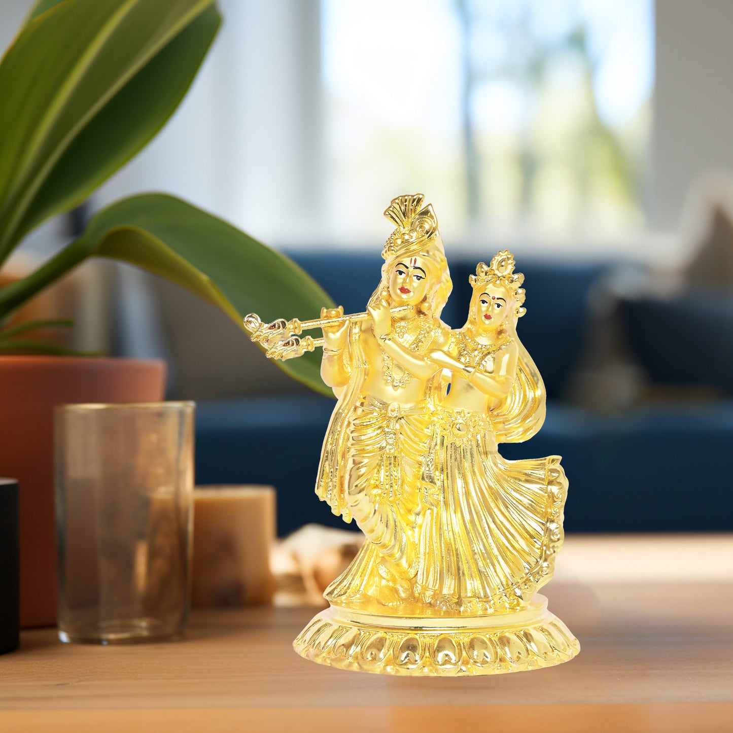 DIVINITI 24K Gold Plated Radha Krishna Idols Statue Spiritual Love for Home, Office, Puja Mandir, Luxury Gift (11.5x8 CM)