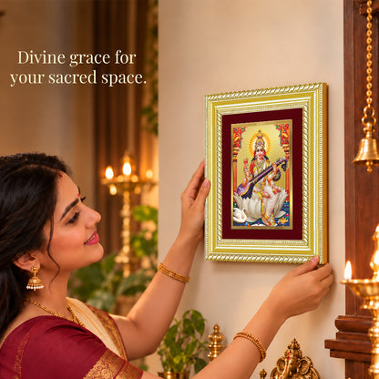 24K Gold-Plated Goddess Saraswati Frame | Premium Gift Box | 21.5x17.5 CM