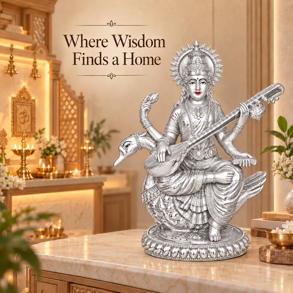 999 Silver-Plated Goddess Saraswati Idol | Premium Gift Box | 21x18 CM