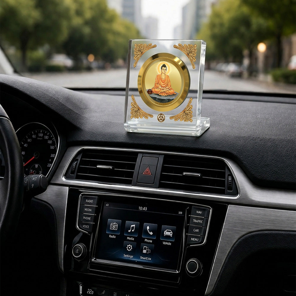 Lord Buddha car dashboard frame featuring 24K gold plating in a premium crystal-clear frame.