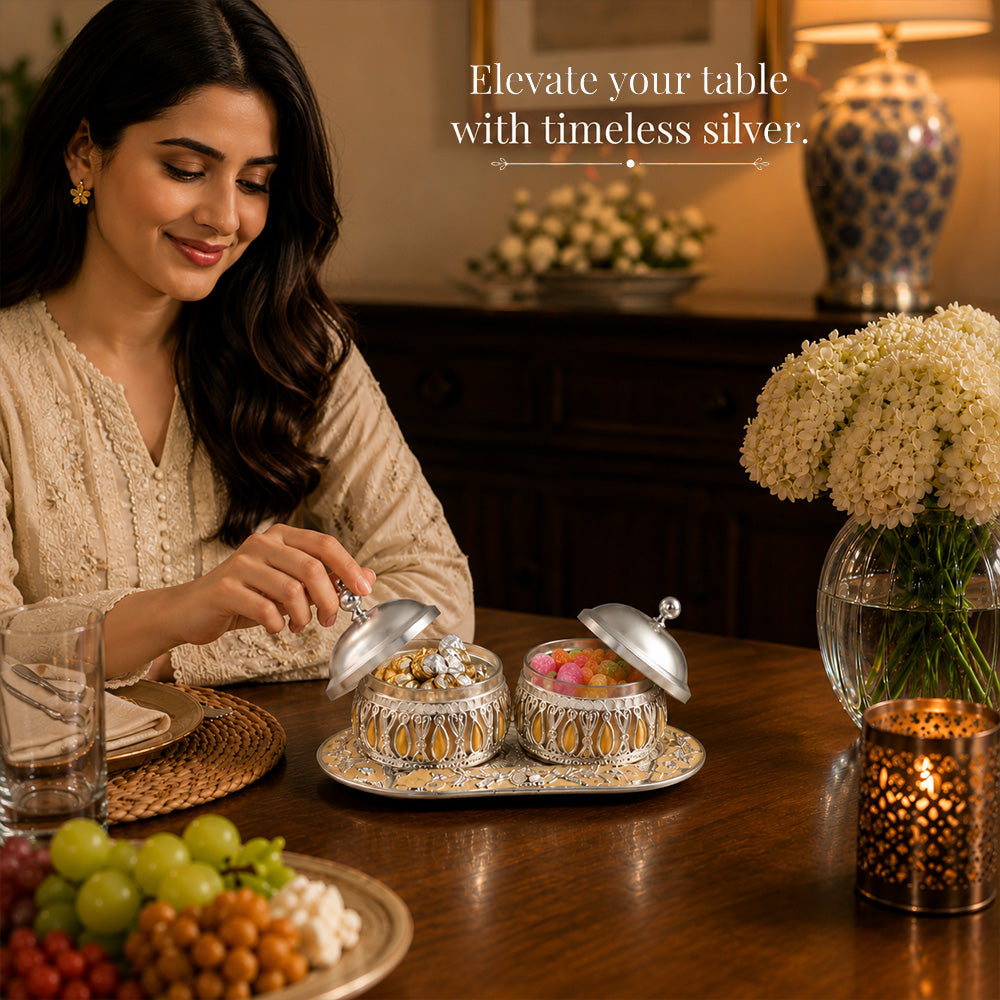 Diviniti Silver-Plated 2 Bowl Serving Set with Tray & Lids | Elegant Peach Enamel Dry Fruit & Mukhwas Bowls for Premium Gifting