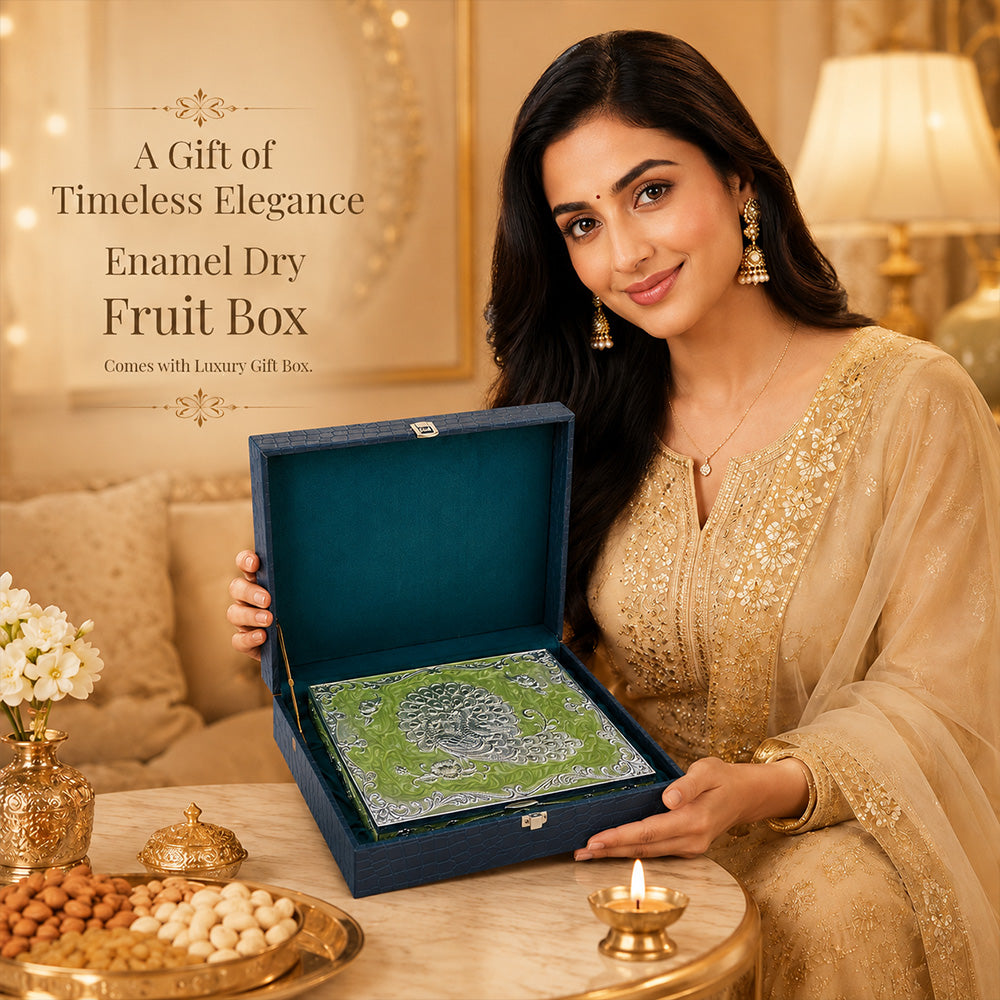 Diviniti German Silver Peacock Decorative Box 4-in-1 | Elegant Green Enamel Multipurpose Box with Luxury Gift Box