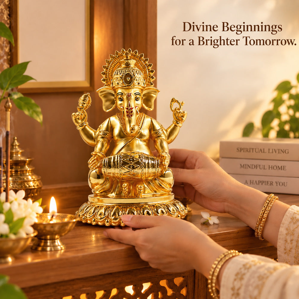 24K Gold-Plated Dholak Ganesha Idol | Premium Gift Box | 15x12 CM
