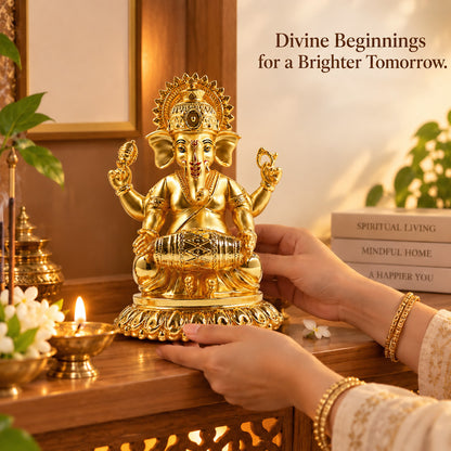24K Gold-Plated Dholak Ganesha Idol | Premium Gift Box | 15x12 CM