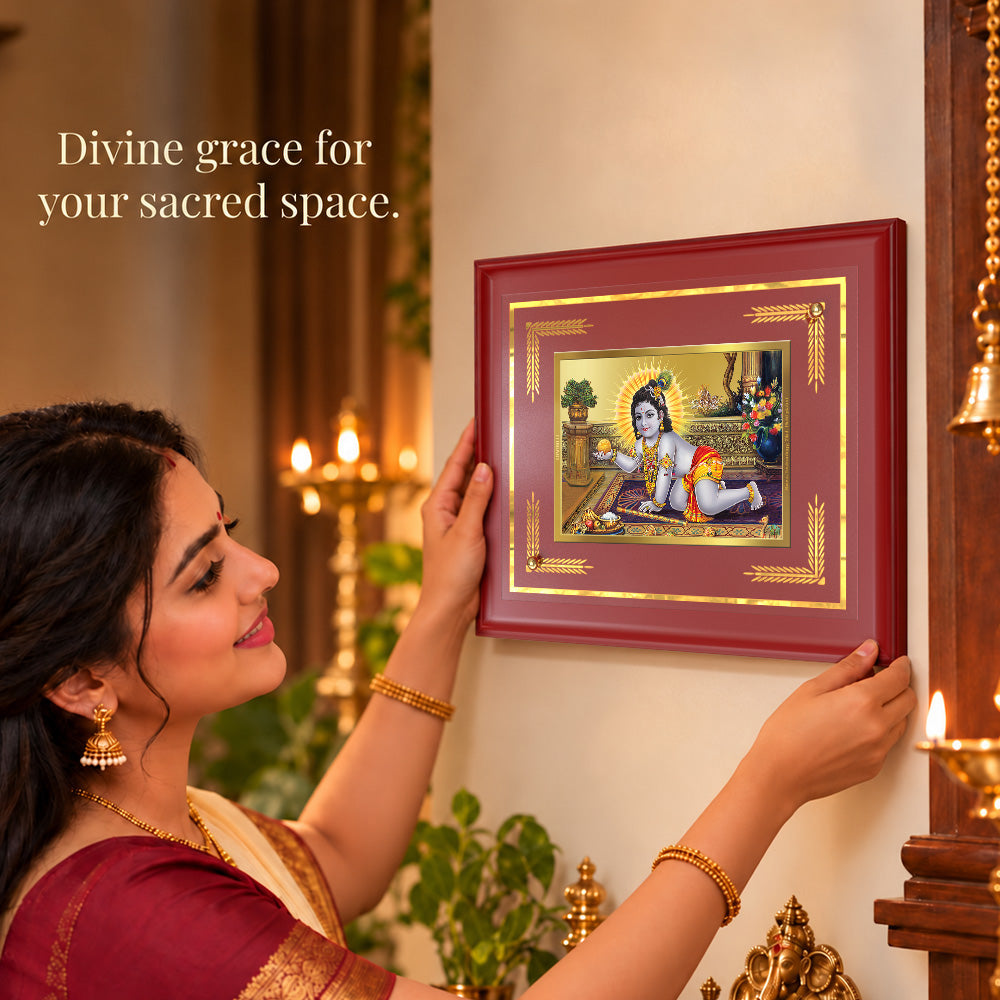 24K Gold-Plated Laddu Gopal MDF Frame | Premium Velvet Gift Box | 27x35 CM