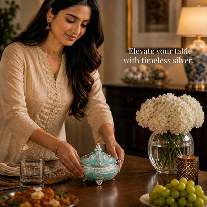 Diviniti Premium Silver-Plated Decorative Sugar Pot | Turquoise Enamel Lidded Bowl for Festive Serving & Home Décor