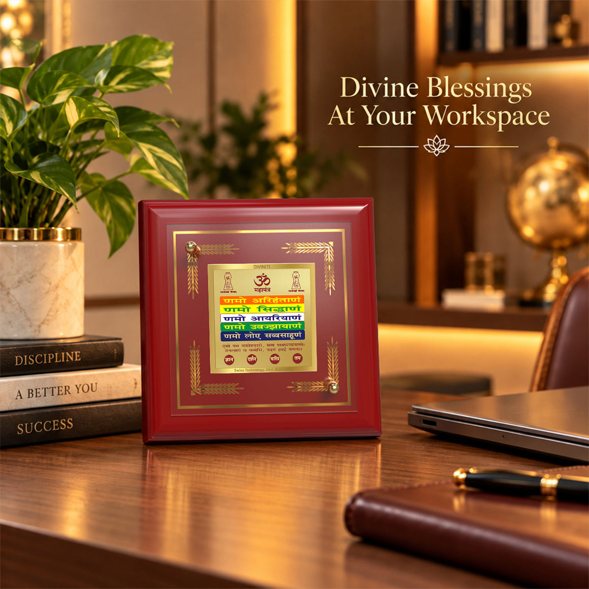 24K Gold-Plated Namokar Mantra MDF Frame | Premium Gift Box | 10x10 CM