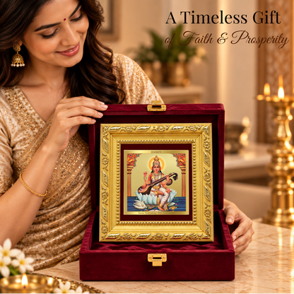 24K Gold-Plated Goddess Saraswati Frame | Premium Gift Box | 10x10 CM