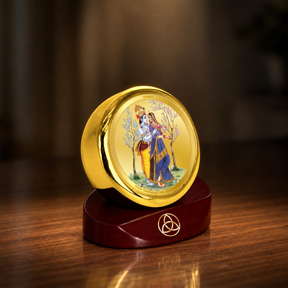 24K Gold-Plated Radha Krishna With Peacock Car Dashboard Frame | 5x5 CM