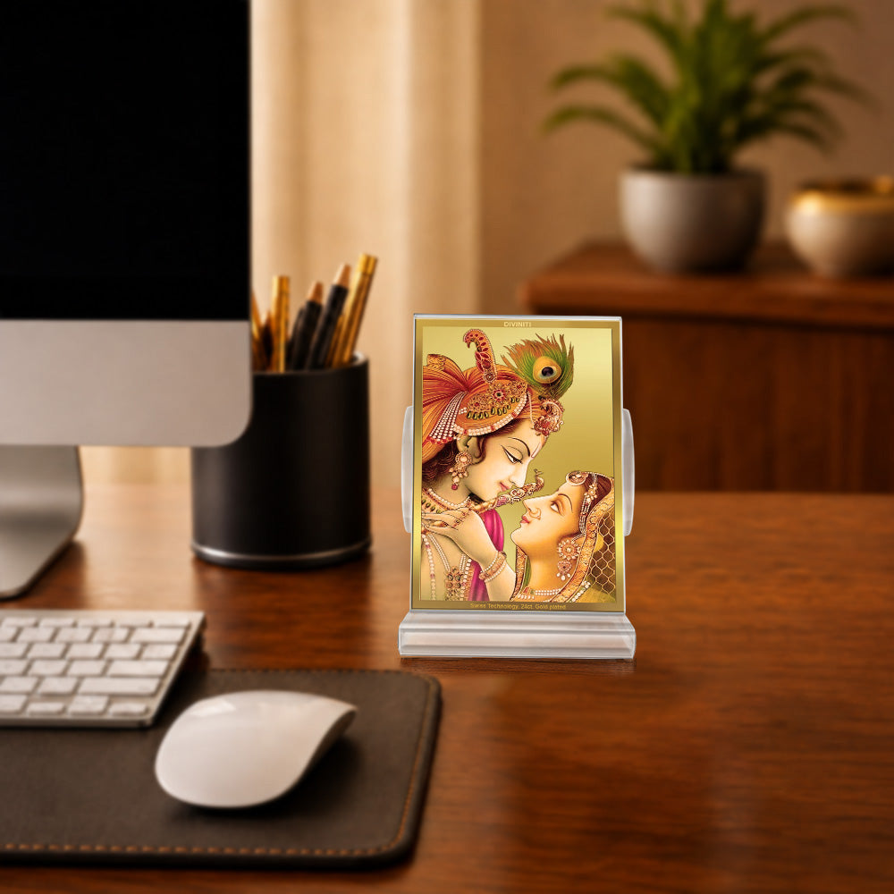 24K Gold-Plated Radha Krishna Acrylic Car Dashboard Frame | 11x7 CM