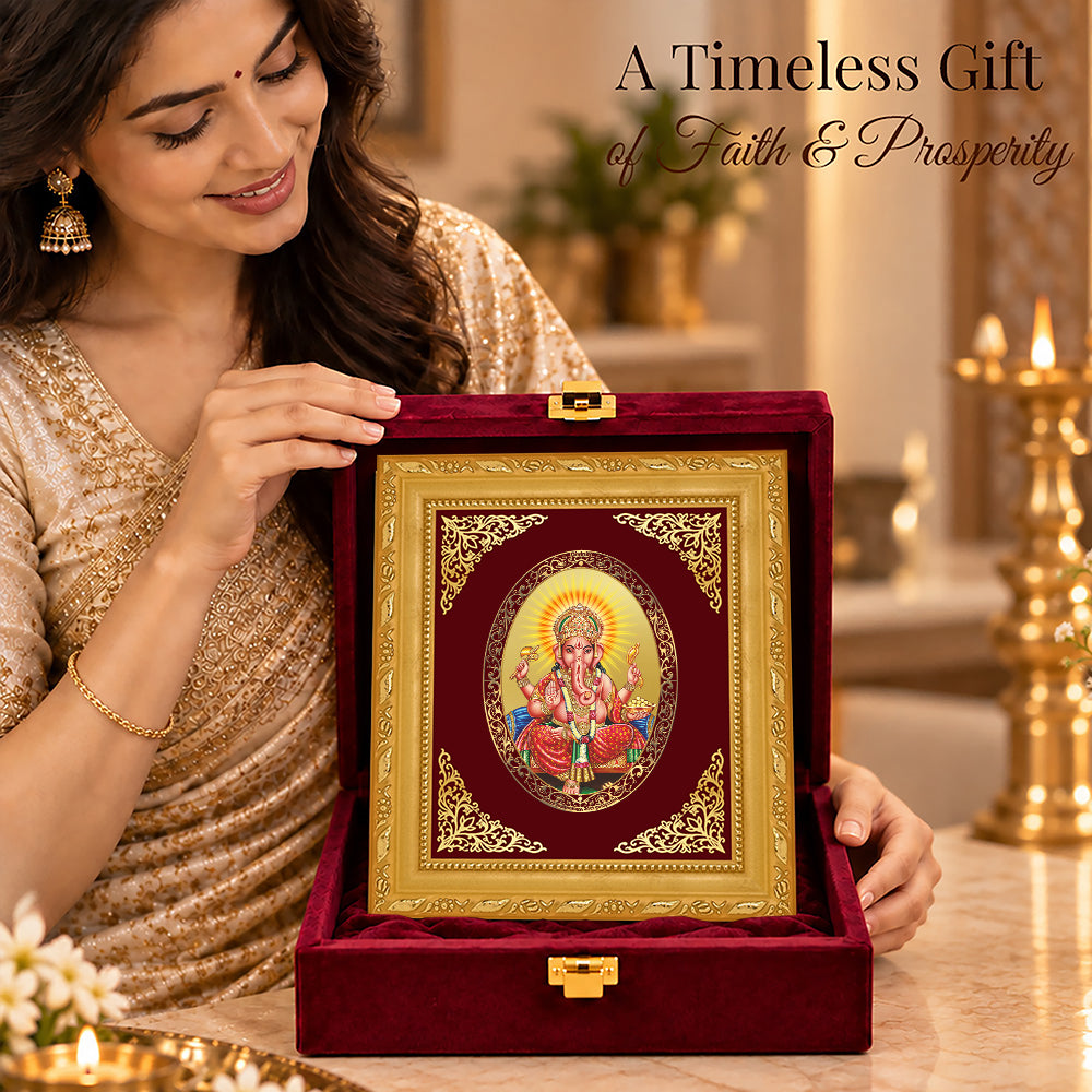 24K Gold-Plated Lord Ganesha Frame | Premium Gift Box | 16x13.5 CM