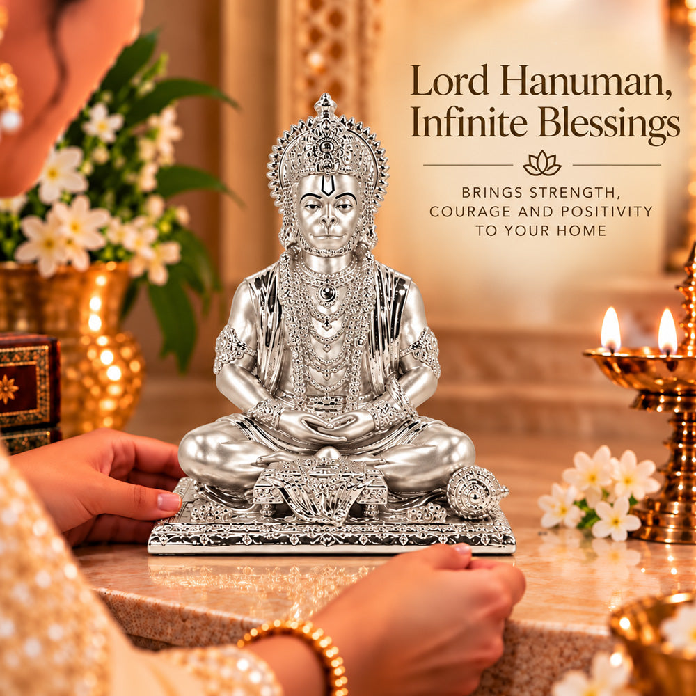 999 Silver-Plated Meditating Lord Hanuman Idol | Premium Gift Box | 20x16 CM