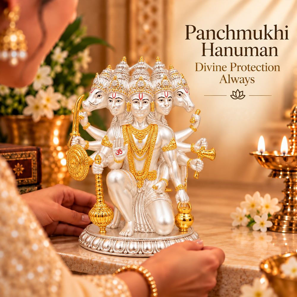 999 Silver-Plated Dual-Tone Panchmukhi Hanuman Idol | Premium Gift Box | 17.5x12 CM