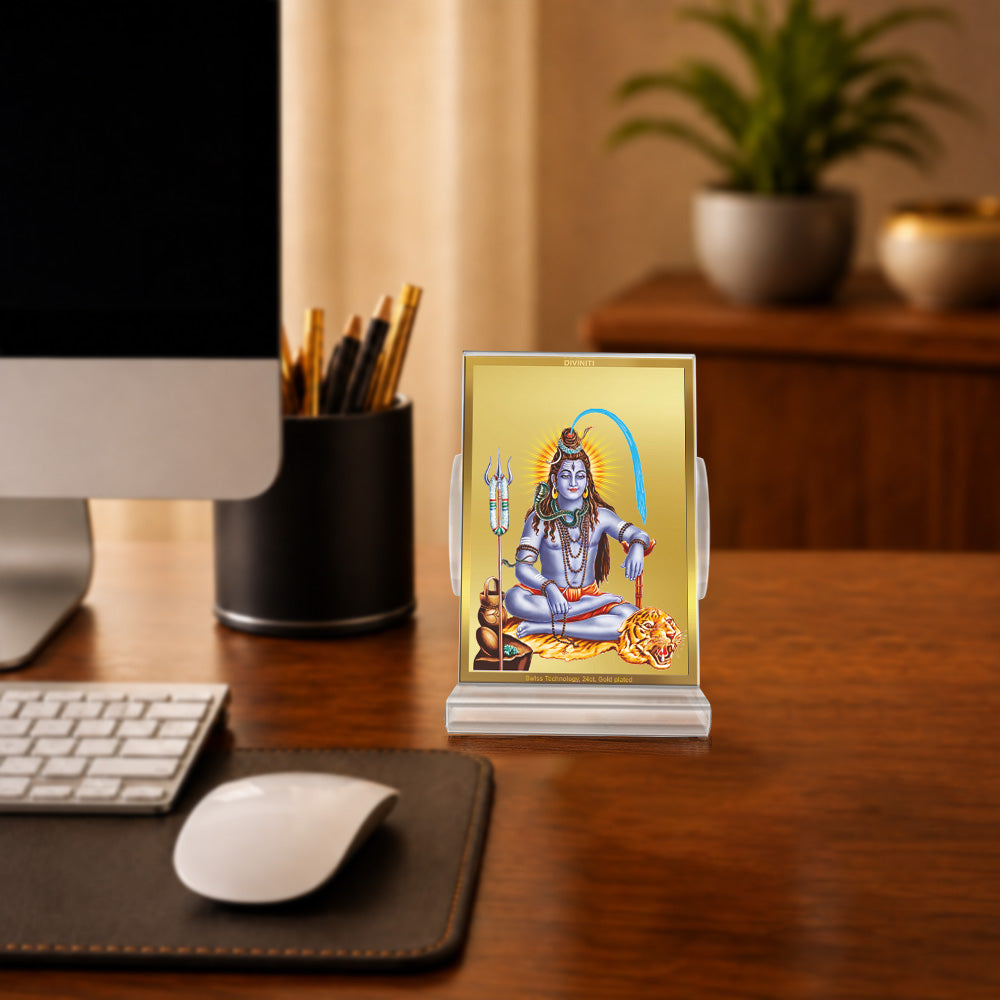 24K Gold-Plated Lord Shiva Acrylic Car Dashboard Frame | 11x7 CM
