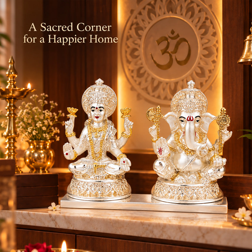 999 Silver-Plated Dual-Tone Laxmi Ganesha Idol | Premium Gift Box | 10x13 CM