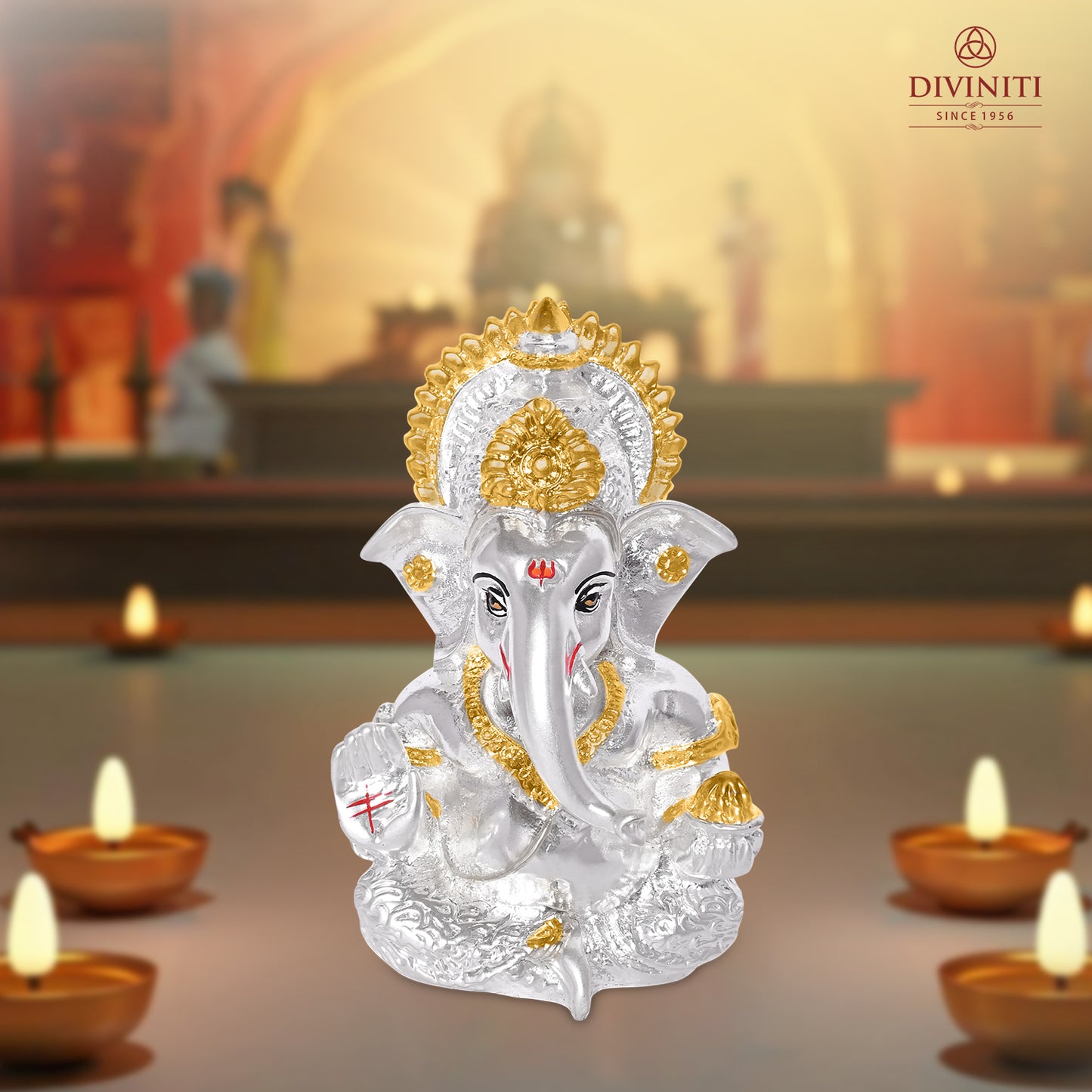 Diviniti 999 Silver Plated Lord Ganesha Idol for Car Dashboard Tabletop for Home Decor Mandir Puja Gift Silver & Gold (8.4x4.2cm)