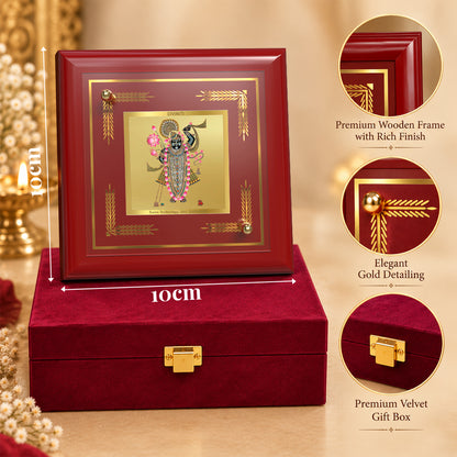 24K Gold-Plated Lord Shrinathji MDF Frame | Premium Gift Box | 10x10 CM