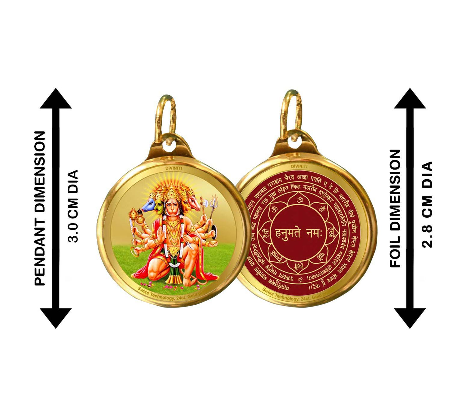 Diviniti 24K Gold Plated Lord Panchmukhi Hanuman & Yantra 28MM Double Sided Pendant For Men, Women & Kids