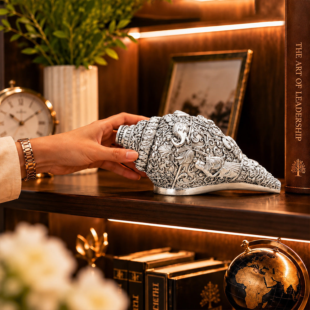 999 Silver-Plated Ganesha Shankh | Premium Gift Box | 14x8 CM