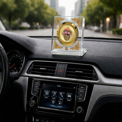 Jagannath car dashboard frame featuring 24K gold plating in a premium crystal-clear frame.
