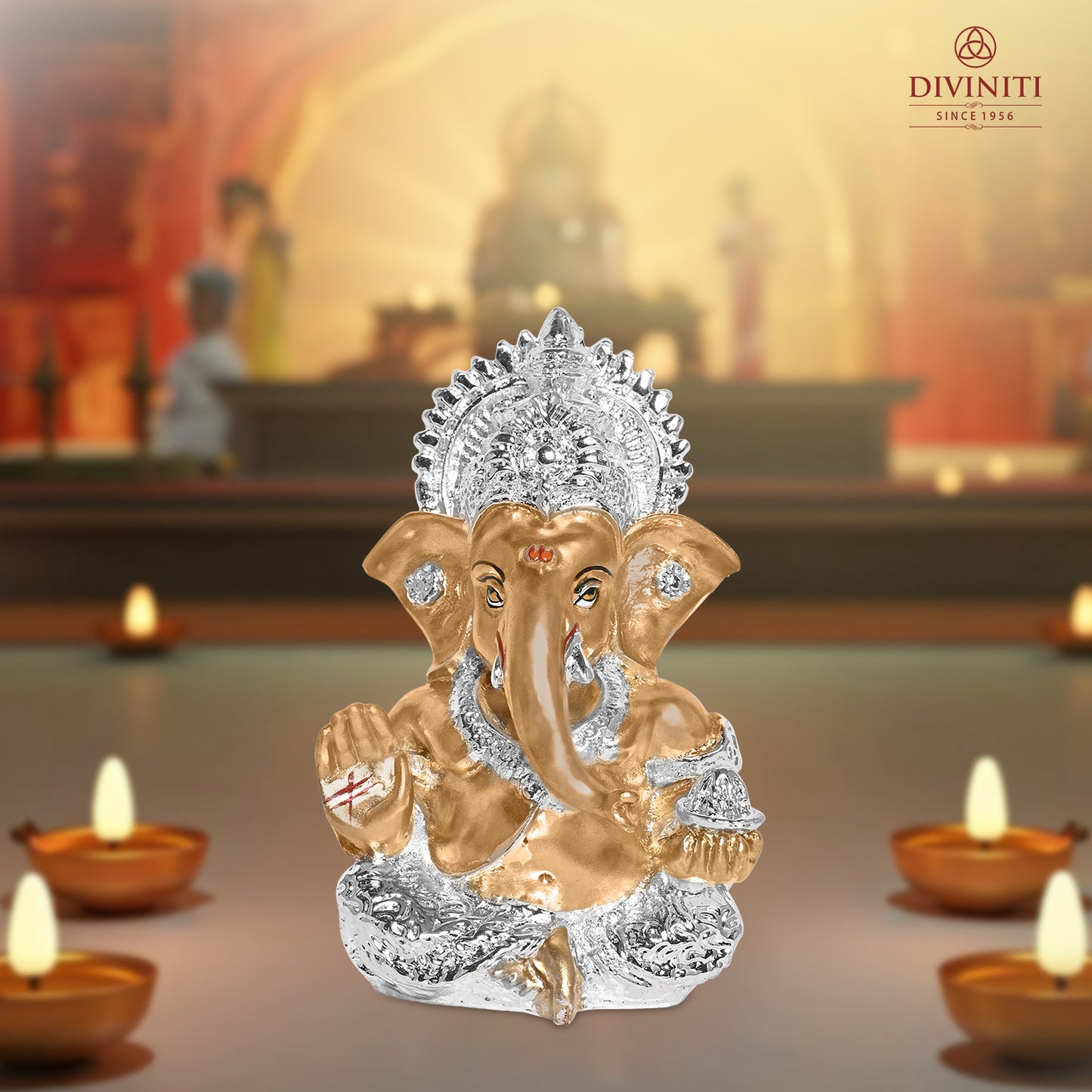 Diviniti 999 Silver Plated Resin Lord Ganesha Idol for Car Dashboard Tabletop for Home Decor Mandir Puja Gift Golden (8.4x4.2cm)