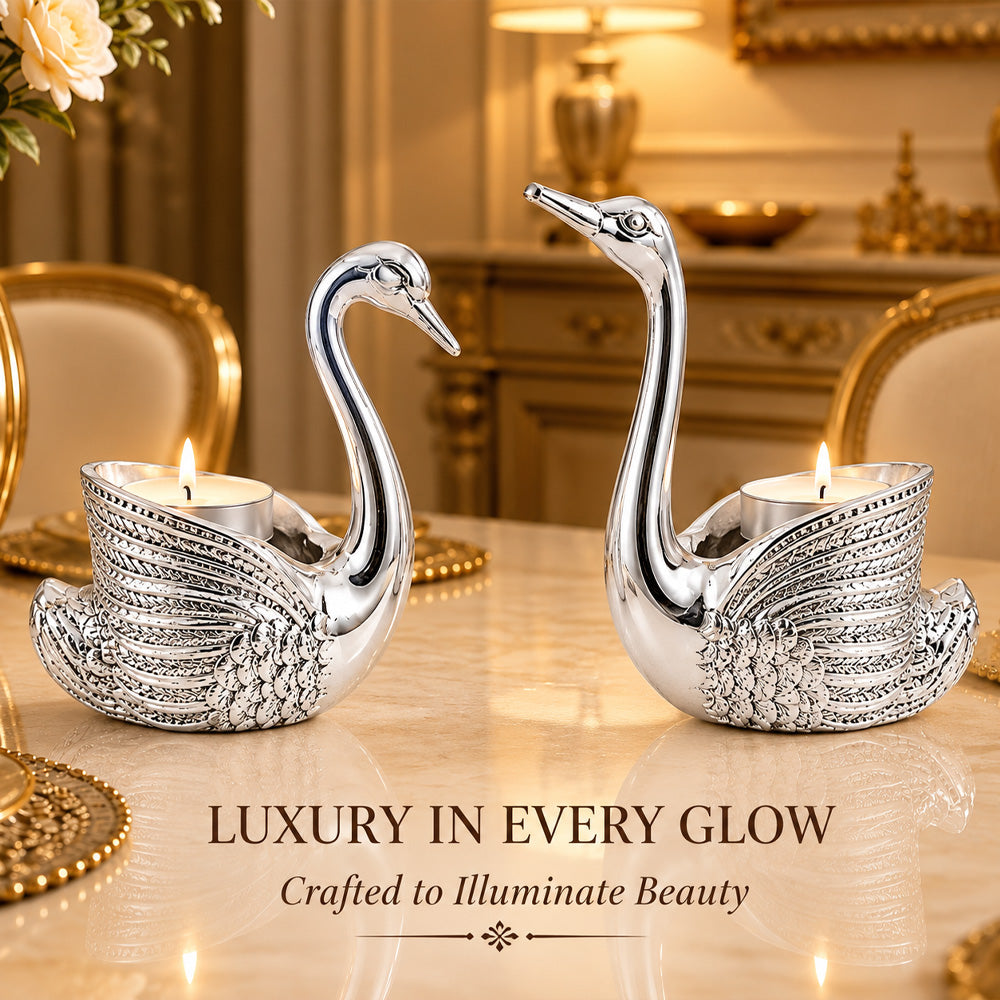 999 Silver-Plated Swan Candle Stand Pair | Premium Gift Box | 12x10 CM