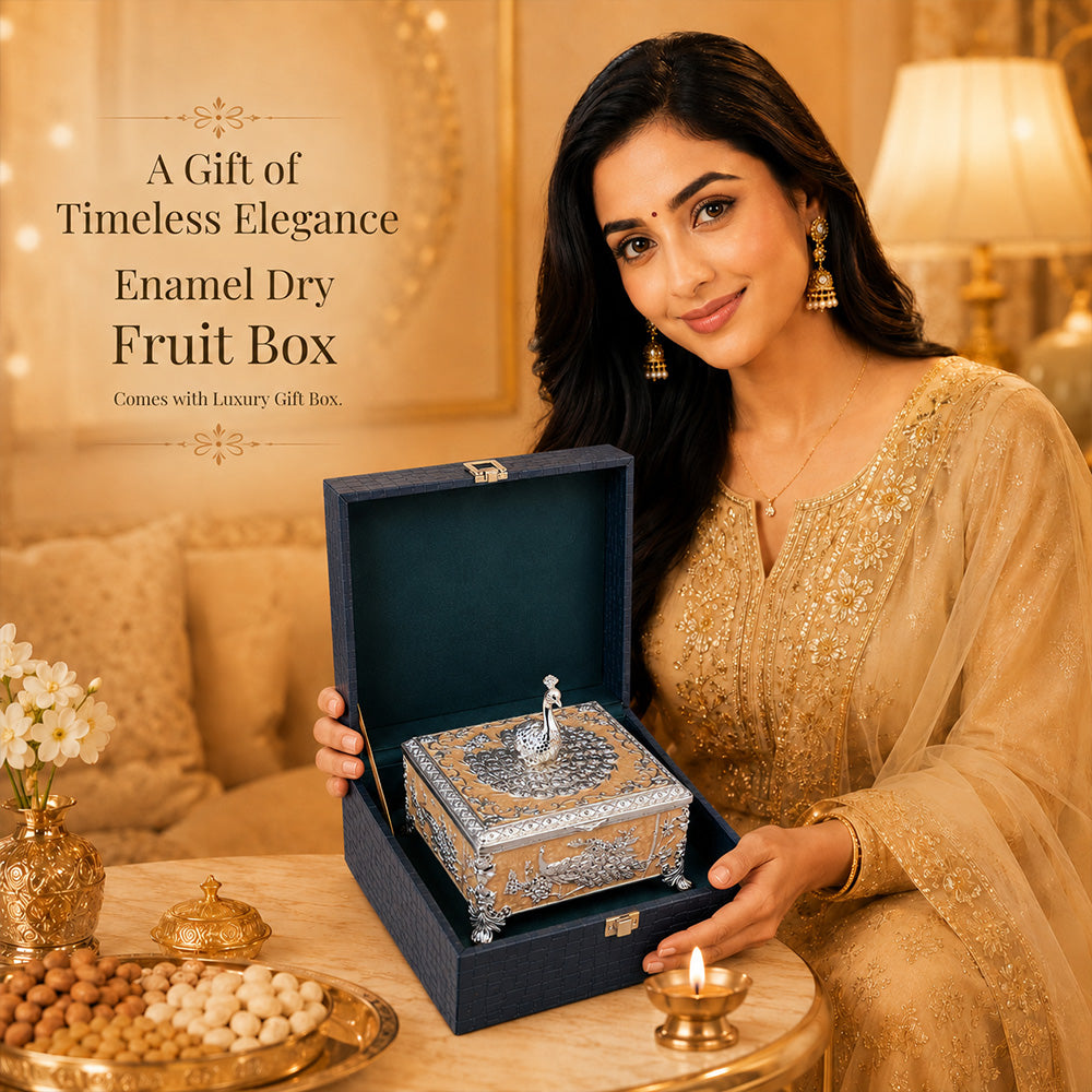 Diviniti Premium German Silver 2-Part Box | Peach Enamel Dry Fruit & Sweet Box for Wedding & Festive Gifting