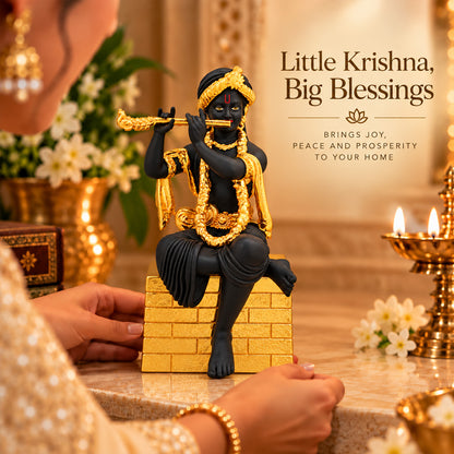 24K Gold-Plated Black Krishna Idol | Premium Gift Box | 16x9 CM