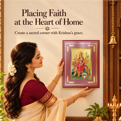 24K Gold-Plated Sherawali Mata with Pindi MDF Frame | Premium Gift Box | 27x35 CM