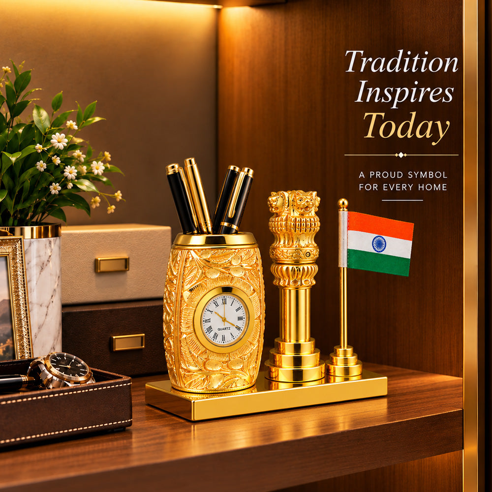24K Gold-Plated Ashoka Stambh Pen Stand | Premium Gift Box | 12x15 CM