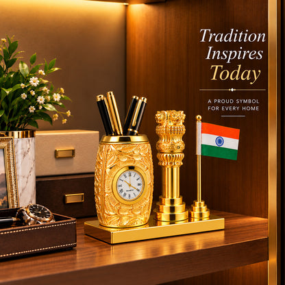 24K Gold-Plated Ashoka Stambh Pen Stand | Premium Gift Box | 12x15 CM