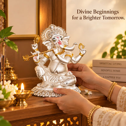 999 Silver-Plated Dual-Tone Bansuri Ganesha Idol | Premium Gift Box | 16x14 CM
