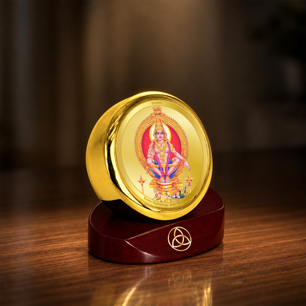 24K Gold-Plated Lord Ayyappan Car Dashboard Frame | 5x5 CM