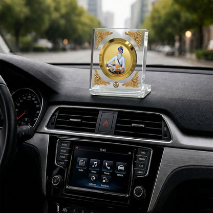 Baba Deep Singh Ji car dashboard frame featuring 24K gold plating in a premium crystal-clear frame.