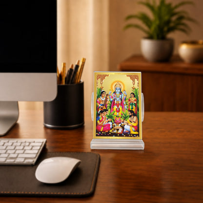 24K Gold-Plated Lord Satyanarayan Acrylic Car Dashboard Frame | 11x7 CM