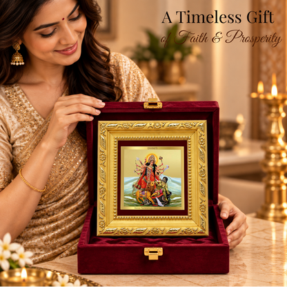 24K Gold-Plated Durga Mahishasura Mardini Frame | Premium Gift Box | 10x10 CM