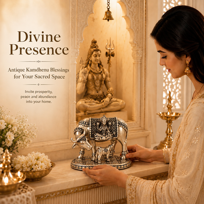 999 Silver-Plated Antique Kamdhenu Cow Idol | Premium Gift Box | 11x9 CM