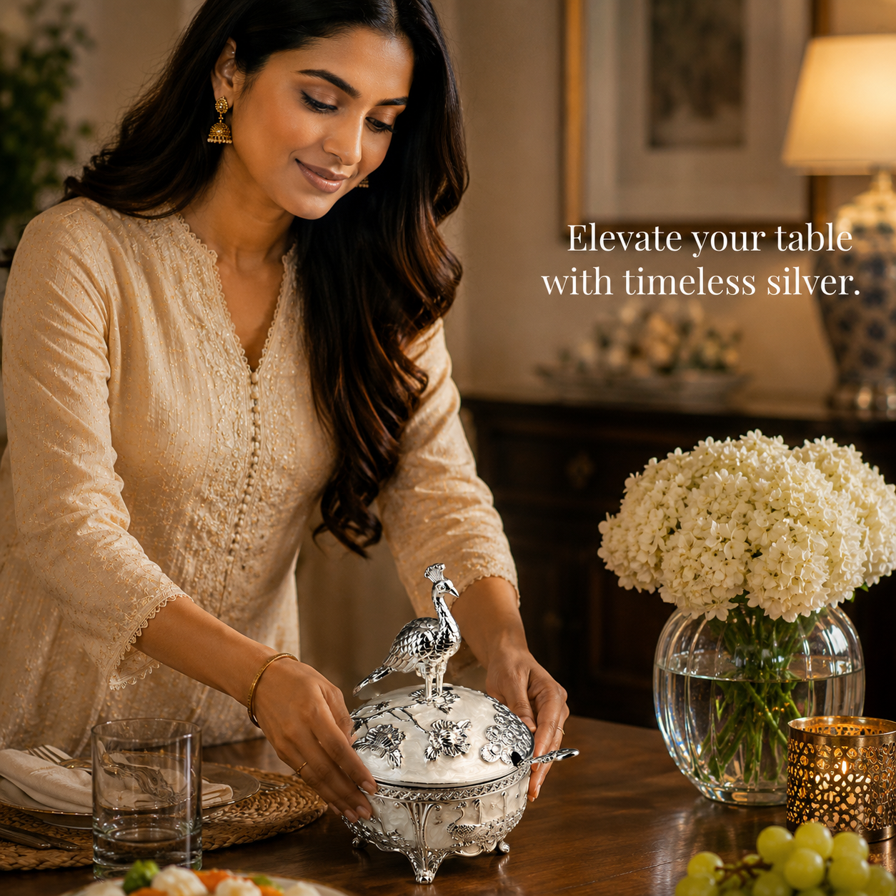 Diviniti Luxury Silver-Plated Peacock Sugar Bowl | Elegant White Lidded Serving Pot for Festive Gifting