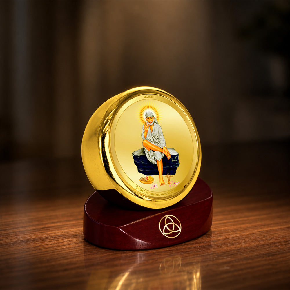 24K Gold-Plated Sai Baba Car Dashboard Frame | 5x5 CM