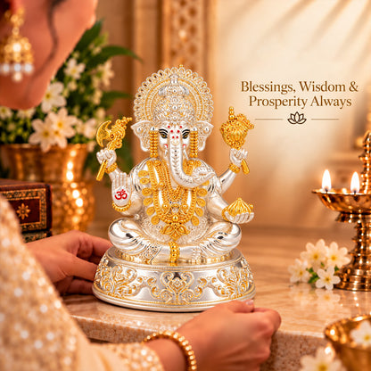 999 Silver-Plated Dual-Tone Lord Ganesha Idol | Premium Gift Box | 15x12 CM